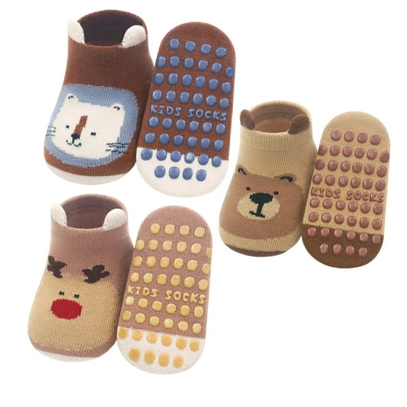 AUQ 3 Pairs Grip Socks Snug Non Slip Socks Absorbent Supportive Toddler Socks,Brown&Coffee&Yellow,S