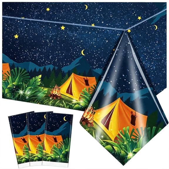 AUQ 3 Pieces Camping Tablecloth Campfire Camp Party Decorations Waterproof Plastic Rectangular Table Cover for Picnic Hiking Adventure Birthday Party Supplies