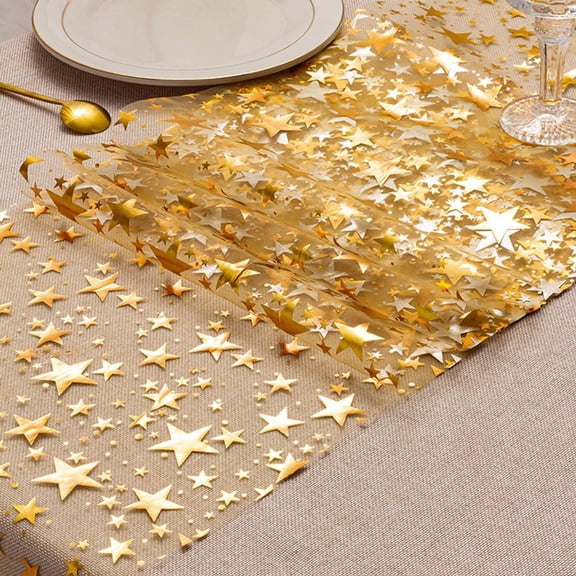 AUQ 3 Rolls Bling Star Table Runner Tabletop Decor,Gold-11"X106" | Glitter Metallic Star Foil Thin Mesh Material Disposable Use Tabletop Centerpiece Decor for Holiday Birthday Party Dinner