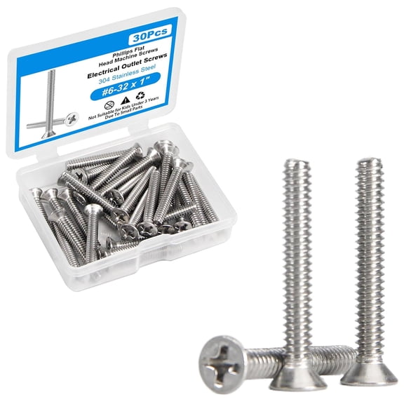 AUQ 30Pcs 6-32 X 1 Inch Extra Long Outlet Screws, Electrical Outlet Extender Machine Screws for Sunken Outlet Repair, Loose Electrical Box Fixing, Device Mounting and Receptacle Installation