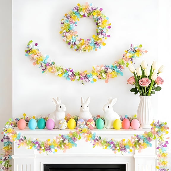 AUQ 32.8FT Easter Garland Decorations - Glitter Metallic Tinsel Garland Easter Spring Decor 5 PCS Long Banner Hanging for Tree Mantle,Indoor Outdoor Holiday Party Home Door Window Decorations