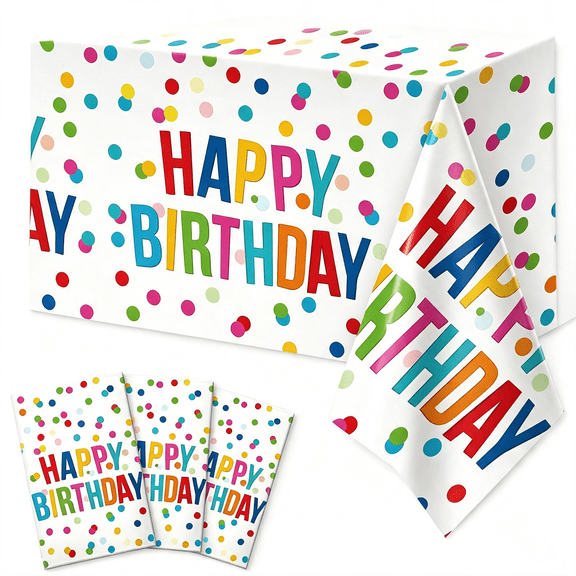 AUQ 3Pcs Birthday Tablecloth, Happy Birthday Decorations Set, Colorful Rainbow Dots Design with Happy Birthday Tablecloth. Waterproof Plastic Table Covers for Boys/Girls Party 54X108Inch