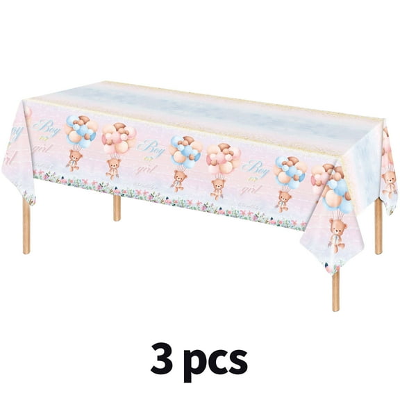 AUQ 3Pcs Table Cloth Cute Teddy Bear Design Rectangle Tablecloth,Waterproof Plastic Table Cloth Disposable for Baby Gender Reveal Party,Style1,54*108inch