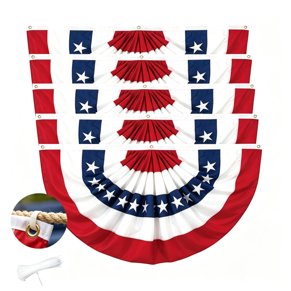 AUQ 3X6 Ft American Bunting Flags for Outside(5Pcs),4Th of July Pleated Fan Flag Patriotic Decorations,Outdoor Red White Blue Usa Banner with Grommets&Zip Ties for Memorial Day 250Th Anniversary