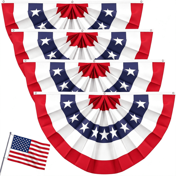 AUQ 3X6 Ft American Pleated Fan Flag 4Pcs with Us Flags and Flag Pole, Patriotic Half Fan Bunting Flag Outdoor for Red White and Blue Decor 4Th of July 250Th Anniversary Memorial Day Decor