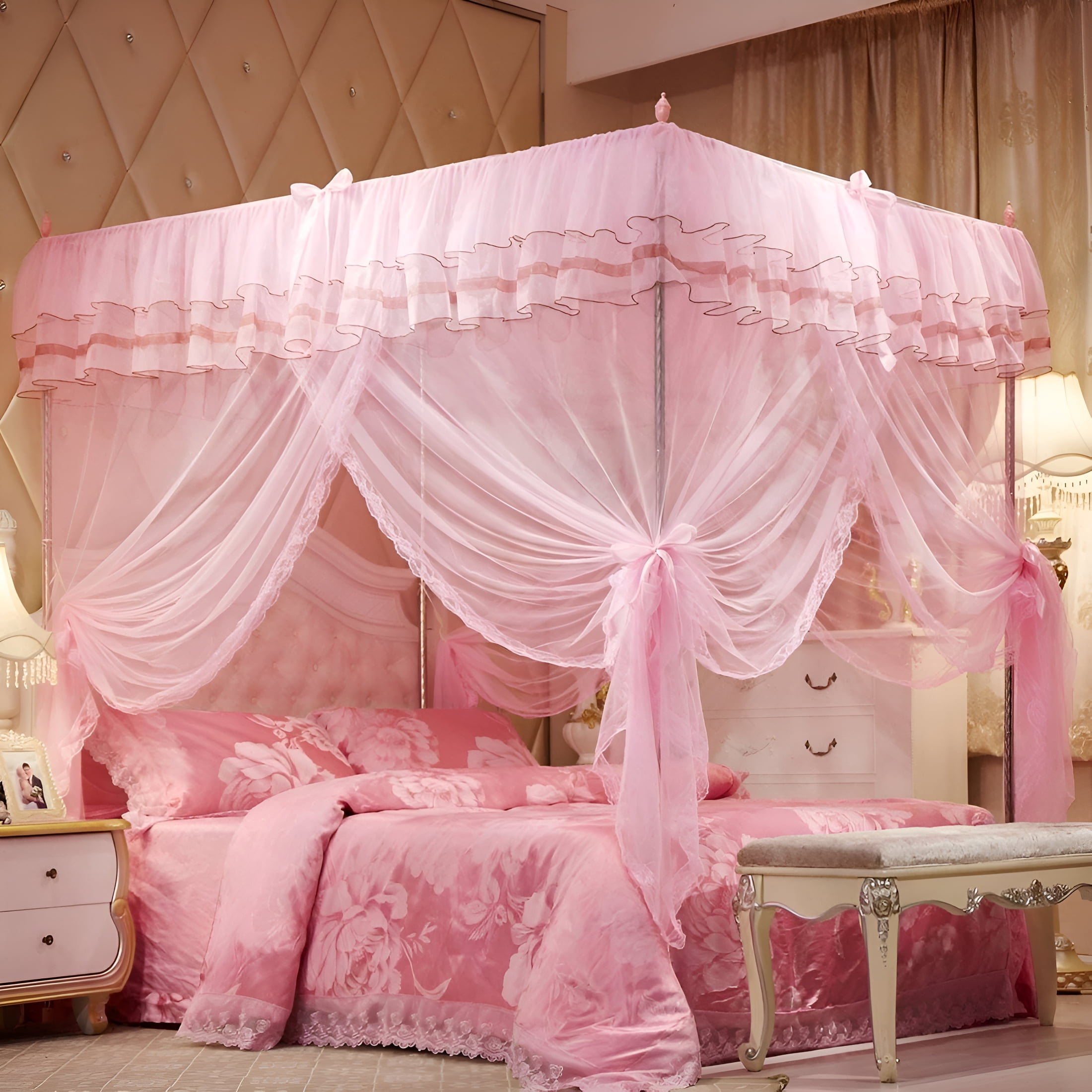 AUQ 4 Corners Post Pink Canopy Bed Curtain for Girls & Adults - Bed Canopy for Girls Cute Cozy Drape Square Netting for Twin Bed - 4 Opening 45"