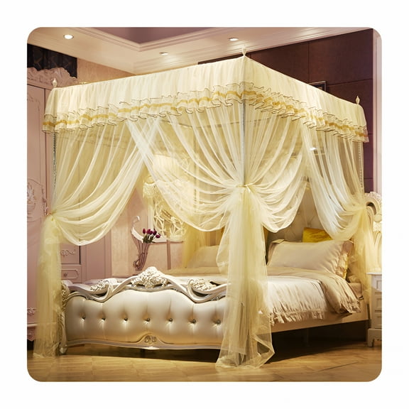 AUQ 4 Corners Post Ruffle Canopy Bed Curtains for Girls Kids Adults - Cute Cozy Drape Square Netting - 3 Opening Mesh Net Canopy - Princess Bedroom Decoration