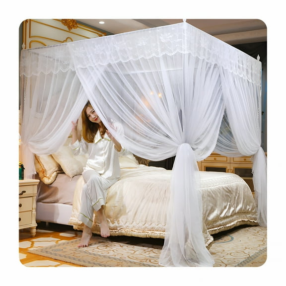 AUQ 4 Corners Post Ruffle Canopy Bed Curtains for Girls Kids Adults - Cute Cozy Drape Square Netting - 3 Opening Mesh Net Canopy - Princess Bedroom Decoration