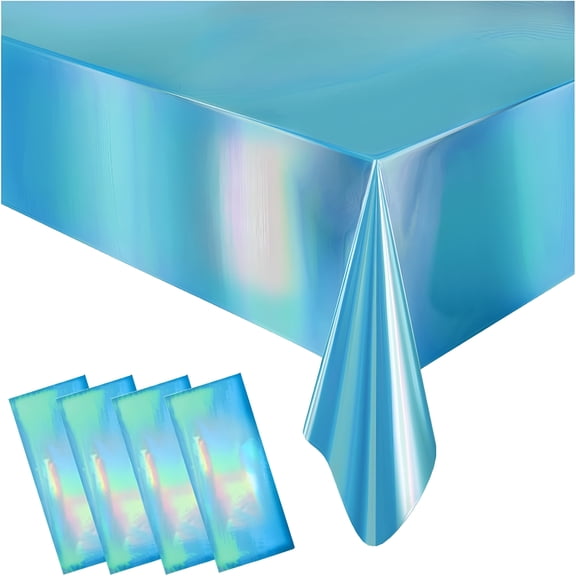 AUQ 4 Pack Iridescent Plastic Tablecloths Disposable Table Cover Sparkly Foil Table Cloth for Rectangle Tables Party Decorations Birthday Wedding Christmas Blue,54 X 108 Inch