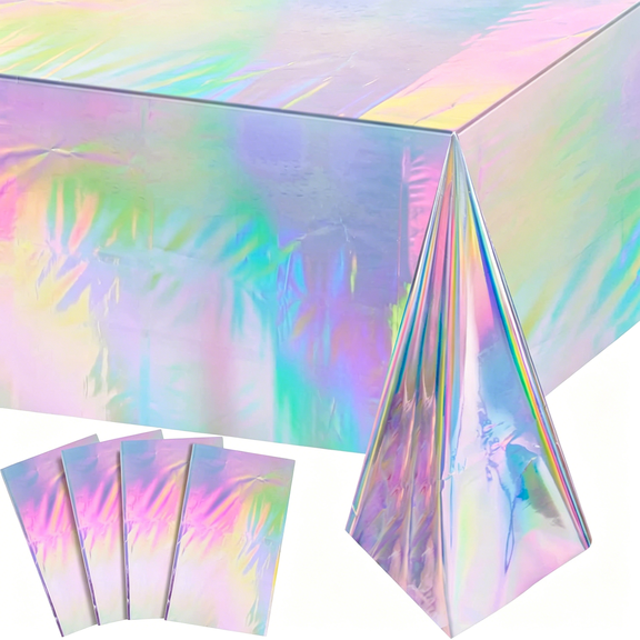 AUQ 4 Pack Iridescent Plastic Tablecloths,Shiny Disposable Rectangle Table Covers,Holographic Foil Tablecloth Iridescent Birthday Party Supplies Decorations