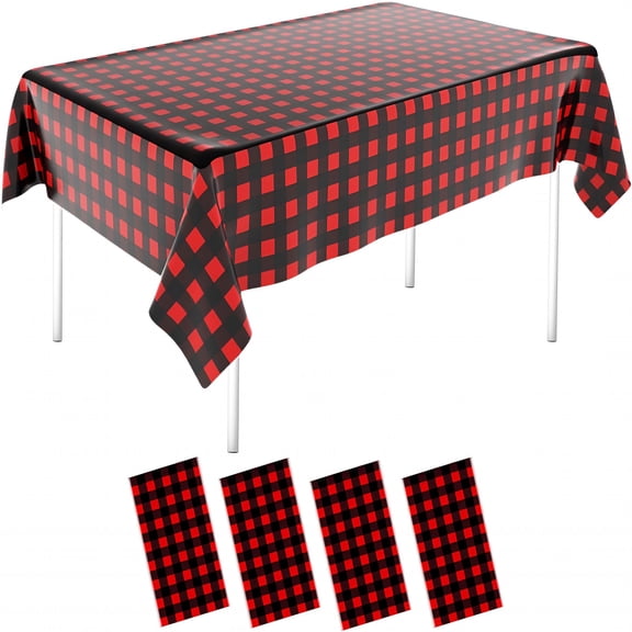 AUQ 4 Packs Red Gingham Picnic Tablecloths 54 * 108 Inch Deep Red and Black Checkered Tablecloths Disposable Rectangular Plastic Tablecloths for Party Outdoor Tablecloth