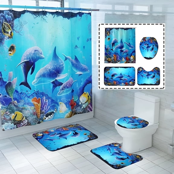 AUQ 4-Piece Ocean Bathroom Shower Curtain Set Dolphin Themed Bathroom Decor Set Waterproof Shower Curtain for Bathroom with 12 Hooks and 3Pcs Toilet Cover Mat Set for Kids
