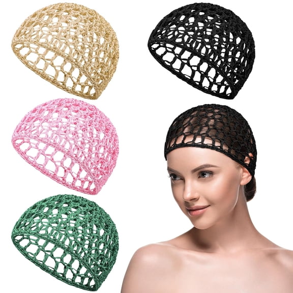 AUQ 4 Pieces Mesh Crochet Hair Net Rayon Knit Snood Hat Thick Short Women Hairnet Snoods Cover Ornament for Sleeping(Black,Green,Pink,Beige)