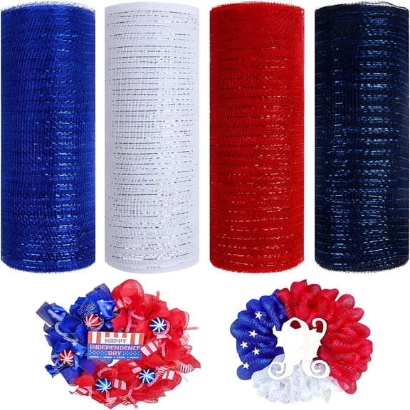 AUQ 4 Rolls Poly Mesh Ribbon Burlap Poly with Metallic Foil Mesh Rolls for DIY Festivals Wreaths Party Decoration Wrapping Craft (Red/White/Blue/Navy Blue/10 Inches x 10 Yards)