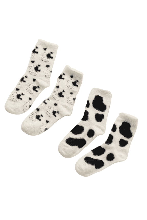 AUQ 4Pairs Socks Cozy Cotton Fuzzy Socks,Cute Cow Print Long Socks for Fall and Winter,Perfect for Lounging or Sleeping Comfort,Style9