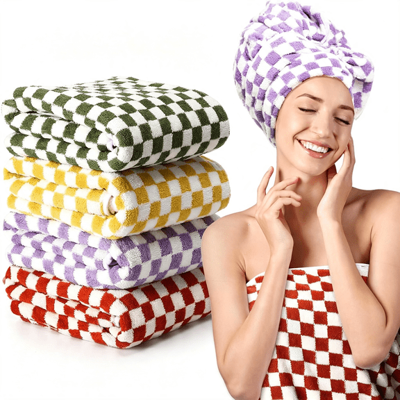 AUQ 4Pcs Checkered Bath Towels Check Plaid Soft Absorbent Bathroom Towel Set Body Drying Beach Shower Body,Yellow,Green,Red,Purple(27.56X55.12 Inch)