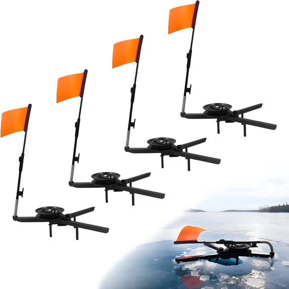 AUQ 4Pcs Ice Fishing Tip-Up Foldable with Orange Pole Flags - Tip Ups Ice Fishing Gear and Equipment Strike Indicators, Flag Traps Accessory for Angler Tackle