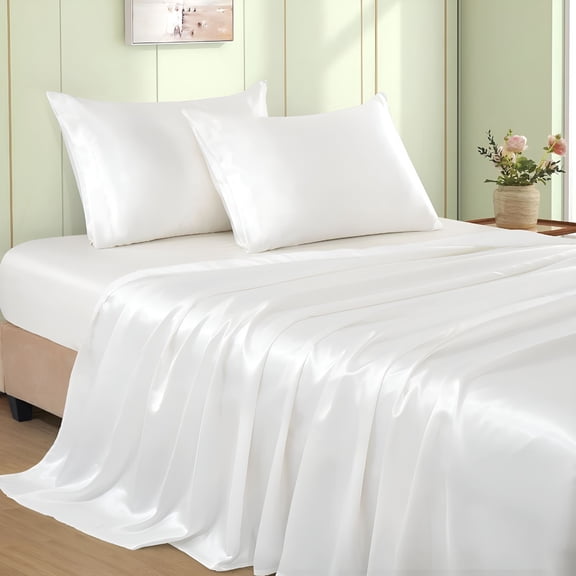 AUQ 4Pcs Ivory White Satin Sheets King Size Bed Set,15 Inch Deep Pocket Silky Satin Sheet Set,Soft Satin Bedding Set Cooling & Luxury Bed Sheets,1 Fitted Sheet + 1 Flat Sheet + 2 Pillowcases