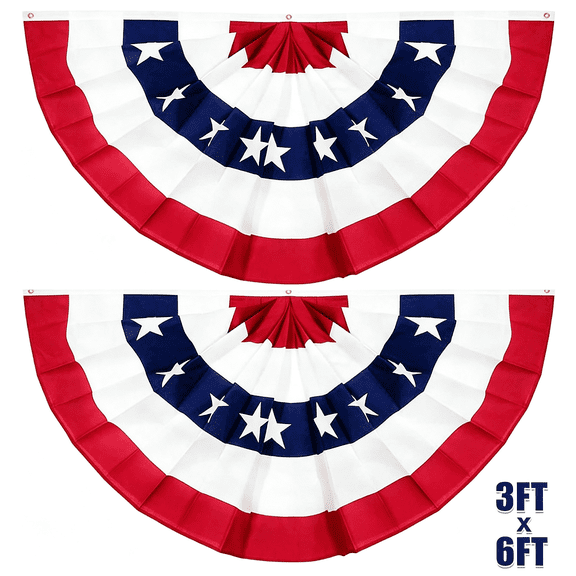 AUQ 4Th of July Decorations 2Pack 3X6 Ft Large American Pleated Fan Flag, 250Th Anniversary American Flag Bunting Patriotic Half Fan Bunting Flag Indoor Outdoor for Red White Blue Decorations