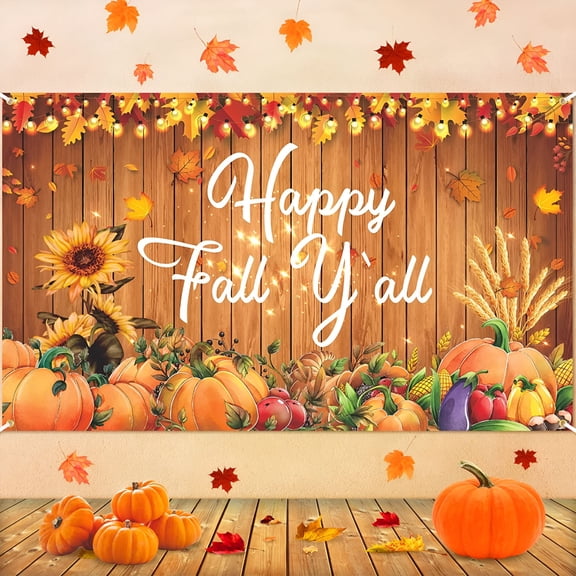 AUQ 5.9x3.6Ft Happy Fall Party Decorations Banner Thanksgiving Autumn Harvest Backdrop Maple Leaves Pumpkin Thanksgiving Day Autumn Party Home Outdoor Yard Decor