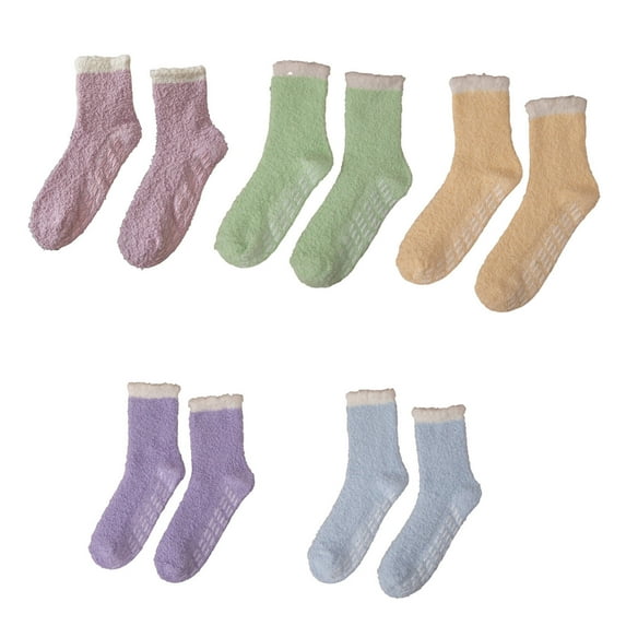 AUQ 5 Pairs Grip Socks Soft Warm Comfortable Socks with Grips for Women Fluffy Simple Non Slip Socks,Light Purple&Fruit Green&Light Yellow&Deep Purple&Light Blue