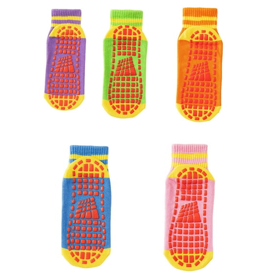 AUQ 5 Pairs Grip Socks Supportive Non Slip Socks Thin Breathable Crew Socks,Purple&Fruit Green&Orange&Blue&Light Pink,19cm