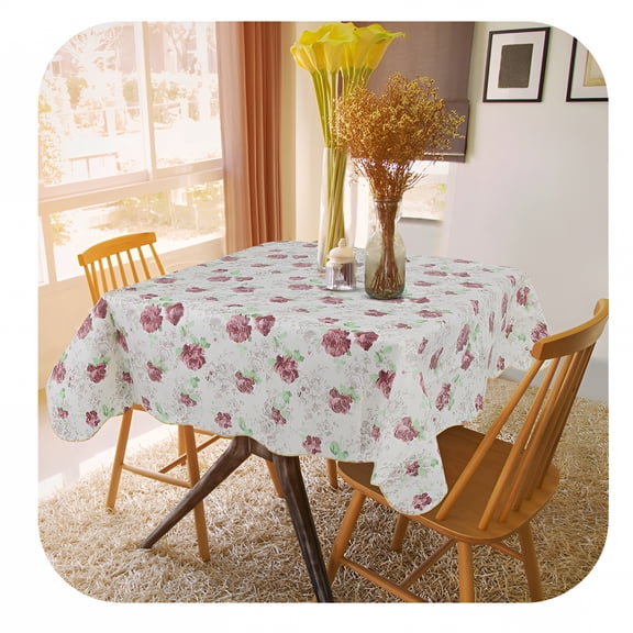 AUQ 53" x 53" Square Vinyl Tablecloth with Peony Pattern, Waterproof Plastic Table Cover for Dining, Kitchen, Parties, and Picnics