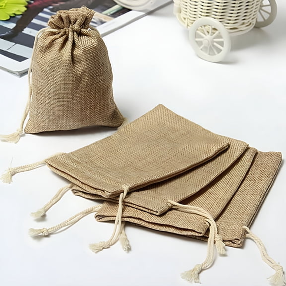 AUQ 5Pcs Mini Rustic Burlap Bags with Drawstring, Vintage Linen Sack Pouch for Wedding Party Favors, Gift Packaging, Jewelry