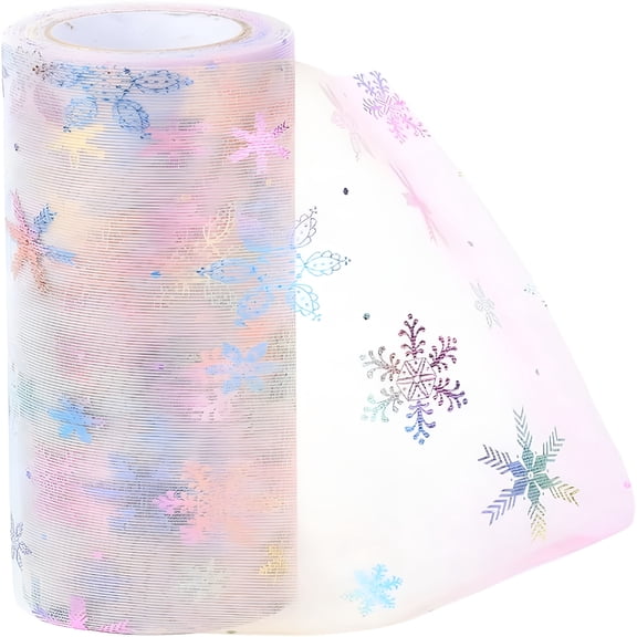 AUQ 6 Inch Pink Snowflake Sheer Mesh Ribbon Wide Holiday Winter Snow Glitter Gradient Pastel Sparkling Netting Tulle Fabric Rolls Bulk for Sewing Making Tutu Skirt Gift Wrapping Christmas