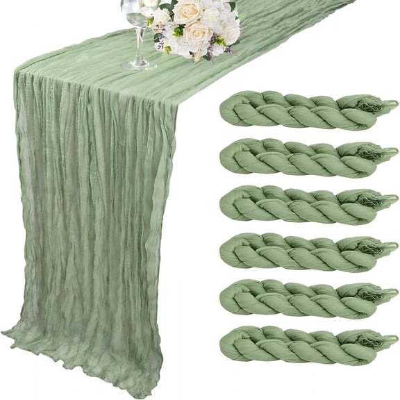 AUQ 6 Pack Cheesecloth Table Runner-Sage Green Table Runner Boho Gauze Fabric Table Runners 35 X 120 Inch Rustic Sheer Runner for Romantic Wedding Table Decoration