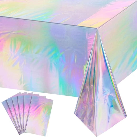 AUQ 6 Pack Iridescent Plastic Tablecloths Shiny Disposable Rectangle Table Covers Holographic Foil Tablecloth Iridescent Party Decoration Birthday Bridal Wedding Christmas 54" X 108"