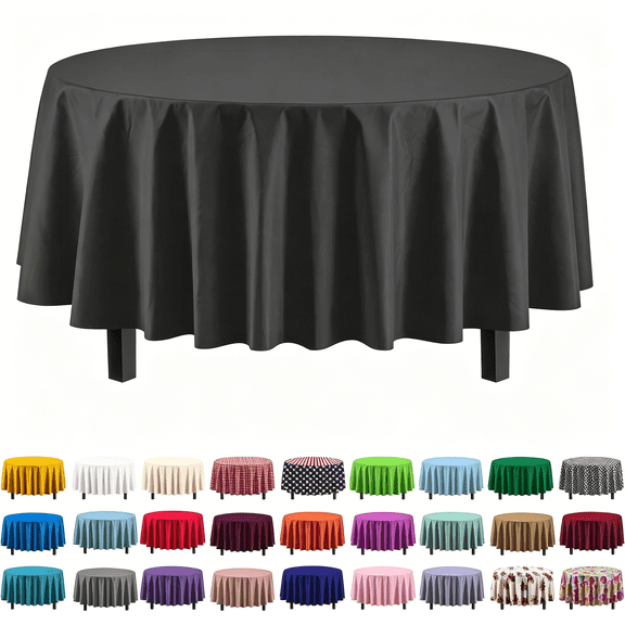 AUQ 6 Pack Round Plastic Disposable Tablecloth 84 Inch, Party Solids Heavy Duty Waterproof Opaque Table Cover for Wedding, Birthday, Picnic, Banquet, Parties - Fits 8 Ft Round - Black