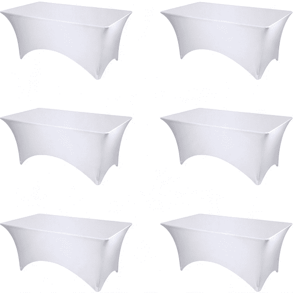 AUQ 6 Pack White Spandex Table Covers for 6Ft Rectangle Tables,180 Gsm Thick,Stretch Tablecloth,Fitted,Reinforced Foot Pockets,Wrinkle Free Cloth for Wedding Reception Banquet Party