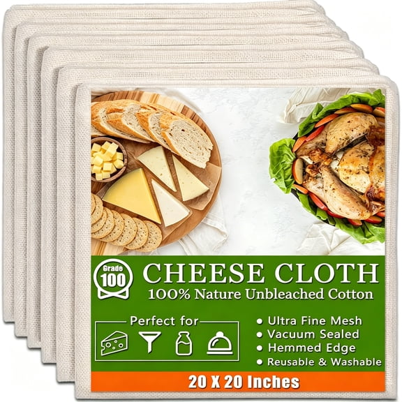 AUQ 6 Pcs Cheese Cloths, 20x20 Inch, 100% Unbleached Cotton, Grade 100 Reusable Cheese Cloth With Fabric Fine Mesh Cloth, Reusable Muslin Cheesecloth for Straining, Juicing, Cooking, Baking