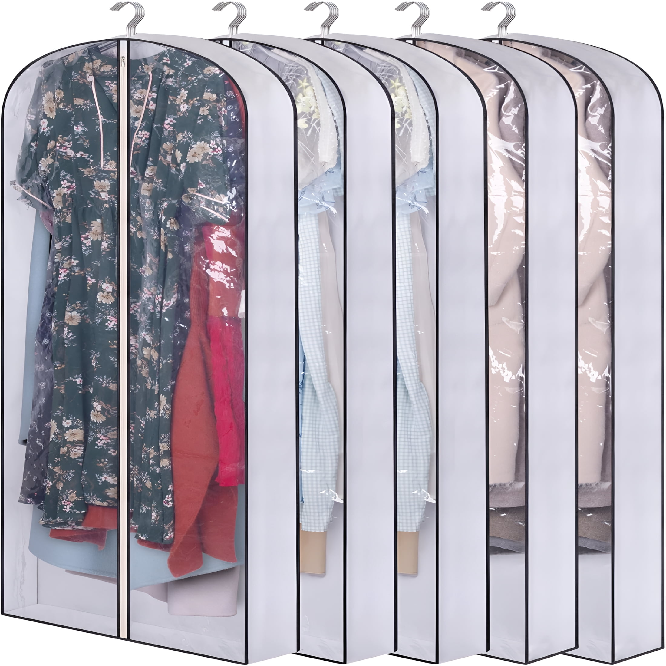 AUQ 60"Long Hanging Garment Bags for Closet Storage Gusseted Clear Dress Bag for Clothes,Gowns,Coats,Suits,5 Packs