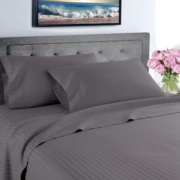 AUQ 600 Thread Count Hotel Striped 100% Egyptian Quality Cotton Deep Pocket Sheet Set (Queen,Gray)