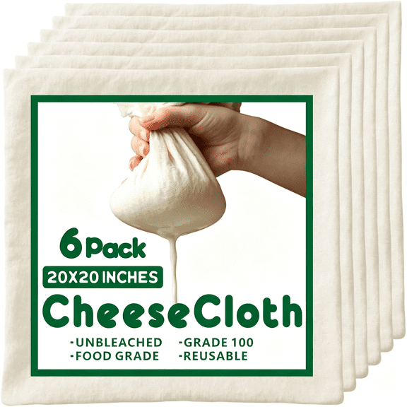 AUQ 6Pcs Grade 100 Cheese Cloths 2020 Inch,100% Unbleached Cotton Butter Muslin,Finished Edge,Reusable Pre-Washed for Straining&Cooking