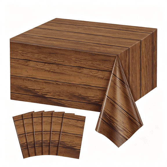 AUQ 6Pcs Wood Grain Plastic Tablecloths,54X108 in Rustic Table Covers Pe Material,Disposable and Easy to Clean,Fits 8-10 Seat Tables,Rustic Farmhouse Look for Western Barn Parties