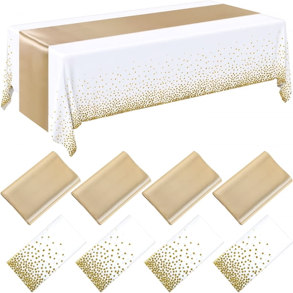 AUQ 8 Pack White and Gold Disposable Plastic Tablecloths and Satin Table Runner Set,54 X 108 Inch Tablecloth,12 X 108 Inch Table Runners for Wedding First Communion Baby Shower Graduation