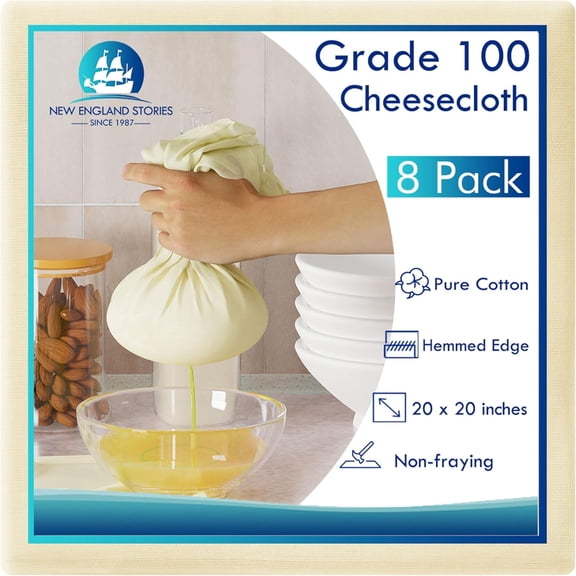 AUQ 8 Pcs Reusable Cheesecloth,Grade 100,20X20 Inch Hemmed Cheese Cloth for Straining Craft,100% Cotton Unbleached Cloth Strainer for Cooking,Baking,Juicing,Cheese Making