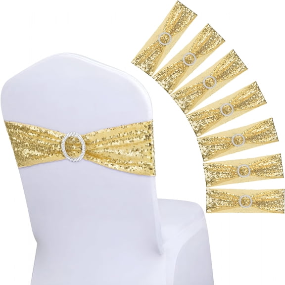 AUQ 8 Pieces Chair Sashes Elastic Stretch One-Sided Sequin Spandex Chair Bows Bands with Buckle Gold Chair Sashes for Wedding Hotel Banquet Birthday Party Home Chair Cover Decorations (Gold)