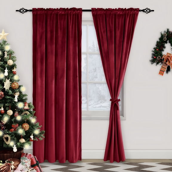 AUQ 84 Inch Christmas Velvet Curtains Red Blackout Curtains- Rod Pocket Blackout Drapes for Bedroom/Living Room,52W X 84L,Set of 2,Red