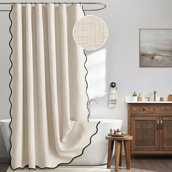 AUQ 84" Long Scalloped Shower Curtain Linen Textured with 12 Metal Hooks Cute Extra Long Heavy Duty Washable Waterproof Cloth Shower Curtains with Black Border for Bathroom Bathtub,Cream Beige