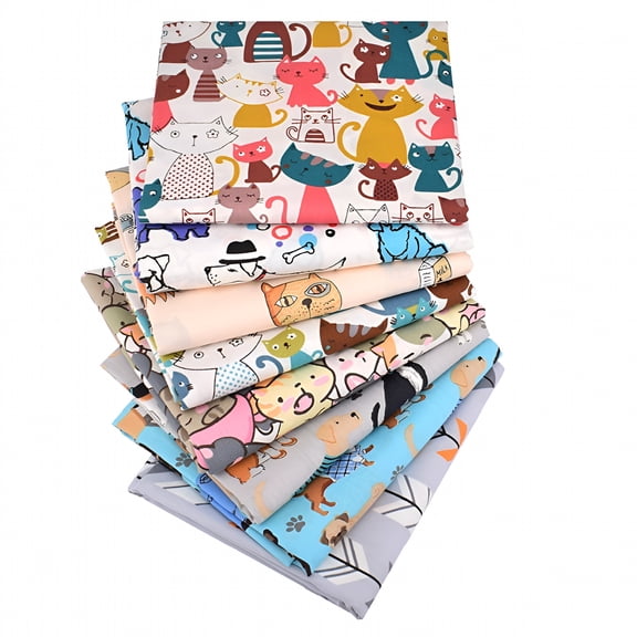 AUQ 8Pcs Cute Animals Cat Bear Fat Quarters Fabric Bundles for Quilting Sewing Crafting Cotton Fabric
