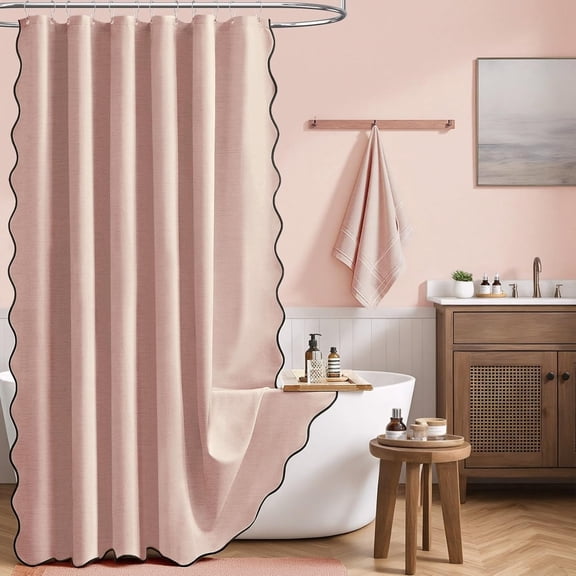 AUQ 96 Inch Shower Curtain Extra Long Boho Scalloped Linen Textured Heavy Duty Fabric Shower Curtain Set 12 Hooks Tall Modern Cute Waterproof Washable Shower Curtains Bathroom Blush Pink