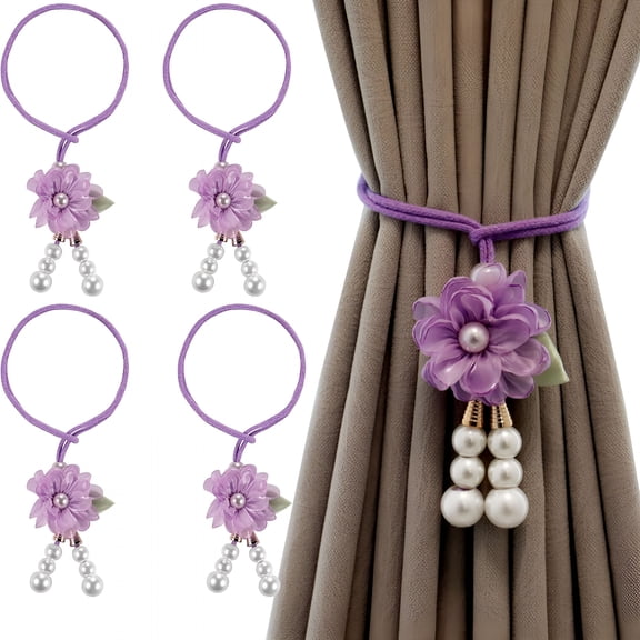 AUQ Adjustable Curtain Tiebacks,4-Pack Hand-Woven Rope with Silk Flower&Pearl,Decorative Window Cord Holders for Drapery,Long Loop Design for All Curtain Thickness(Purple)