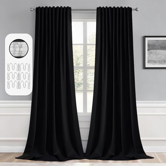 AUQ Back Tab Blackout Curtains 96 Inch Long Living Room Bedroom Halloween Black Rod Pocket Pinch Pleated Thermal Insulated Room Darkening Light Blocking Floor Ceiling Curtain Drape