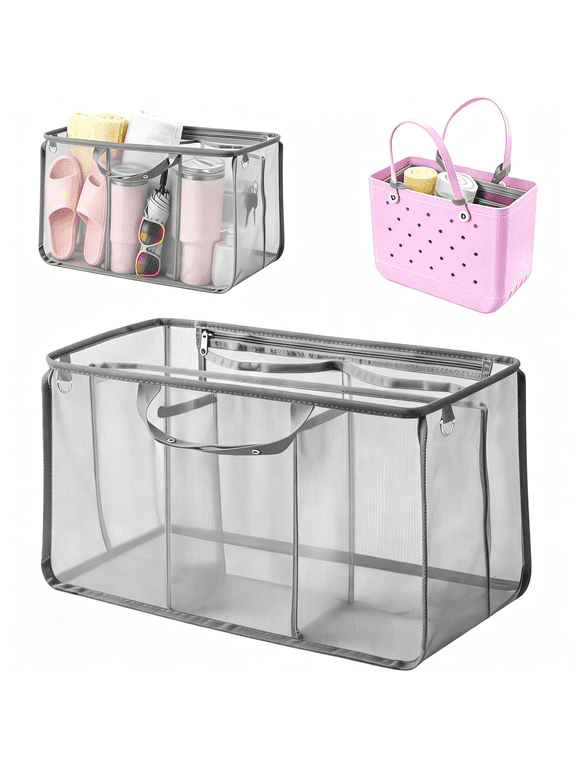 AUQ Beach Bag Organizer Compatible with X Large Bag Accessories | Lightweight Mesh Insert Divider Pouch with 7 Pockets & Zipper for Baby Bags, Bag Charms, Beach Tote Essentials