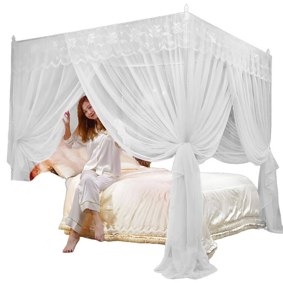 AUQ Bed Canopy Dense Netting Canopy Bed Curtains Reinforced Stand Bed Curtains White