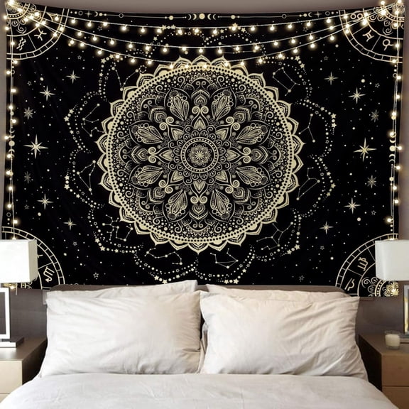AUQ Black Golden Mandala Tapestry Astrology Space Wall Hanging Tapestries Wall Tapestrys Large Aesthetic Hippie Decor Bohemian Art Boho Home Talestry for Bedroom,Living Room,Ceiling